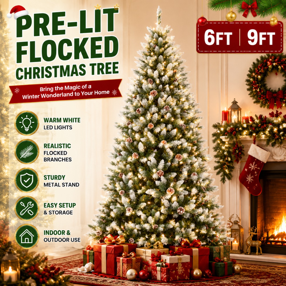 Outdoor Power Point - Pre-Lit Flocked Artificial Christmas Tree 6‘/9’